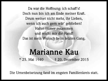 Anzeige von Marianne Kau von Kölner Stadt-Anzeiger / Kölnische Rundschau / Express