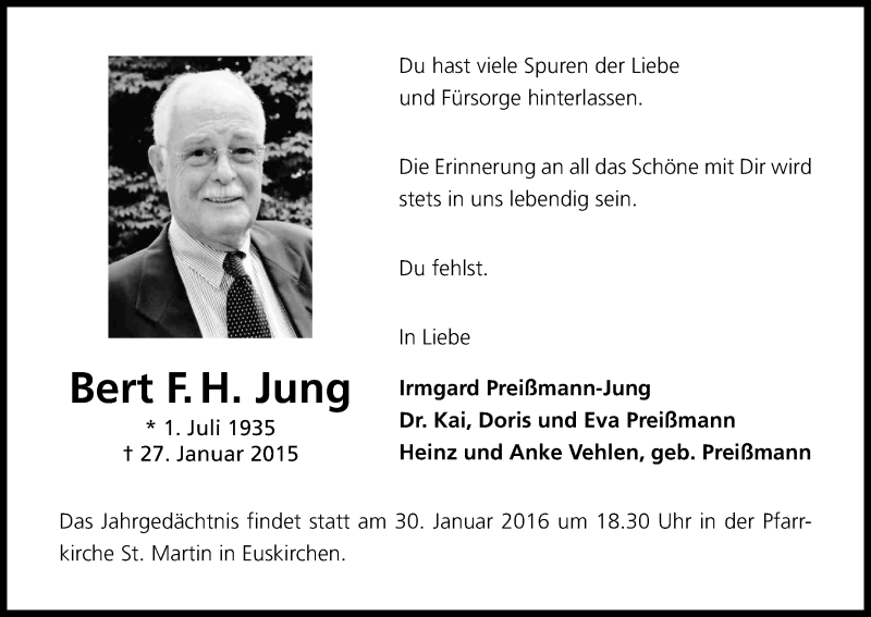  Traueranzeige für Bert Jung vom 27.01.2016 aus Kölner Stadt-Anzeiger / Kölnische Rundschau / Express