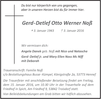 Anzeige von Gerd-Detlef Otto Werner  Noß von  Kölner Wochenspiegel 