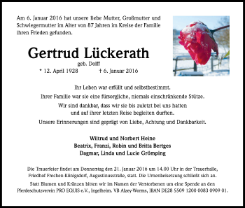 Anzeige von Gertrud Lückerath von Kölner Stadt-Anzeiger / Kölnische Rundschau / Express