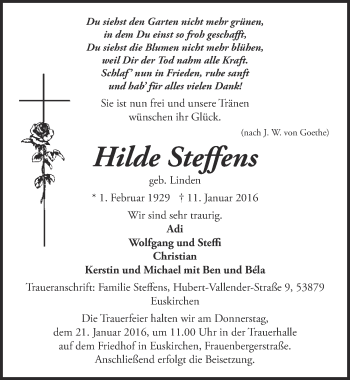 Anzeige von Hilde Steffens von  Blickpunkt Euskirchen 