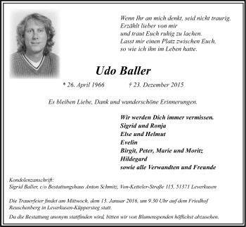 Anzeige von Udo Baller von Kölner Stadt-Anzeiger / Kölnische Rundschau / Express