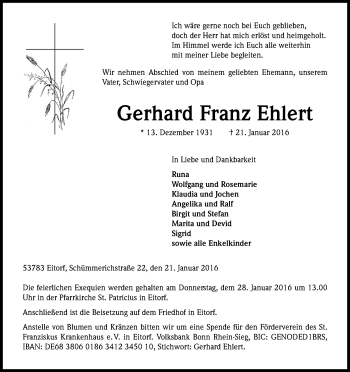 Anzeige von Gerhard Franz Ehlert von Kölner Stadt-Anzeiger / Kölnische Rundschau / Express