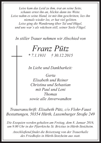 Anzeige von Franz Pütz von  Wochenende 