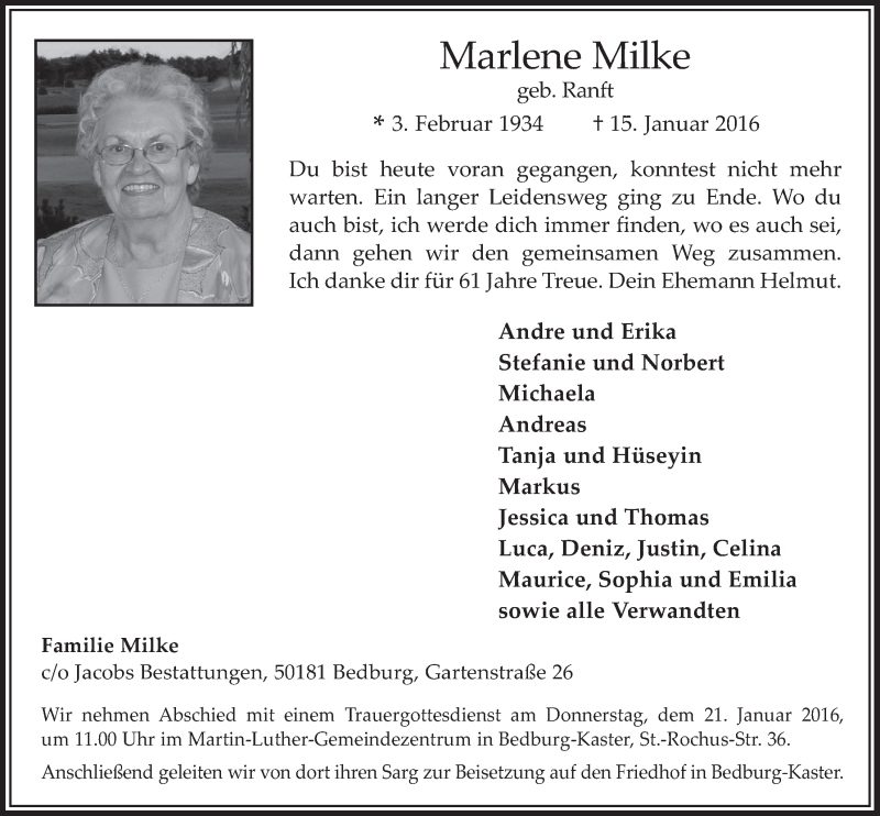  Traueranzeige für Marlene Milke vom 20.01.2016 aus  Wochenende  Werbepost 