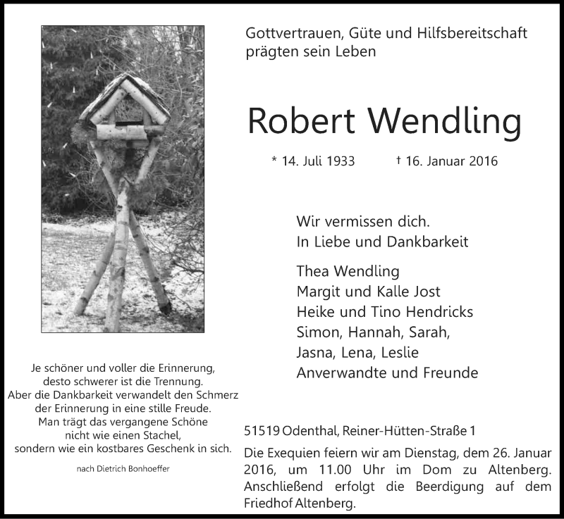  Traueranzeige für Robert Wendling vom 20.01.2016 aus Kölner Stadt-Anzeiger / Kölnische Rundschau / Express