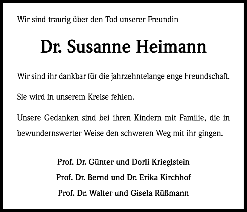 Traueranzeige für Susanne Heimann vom 26.01.2016 aus Kölner Stadt-Anzeiger / Kölnische Rundschau / Express