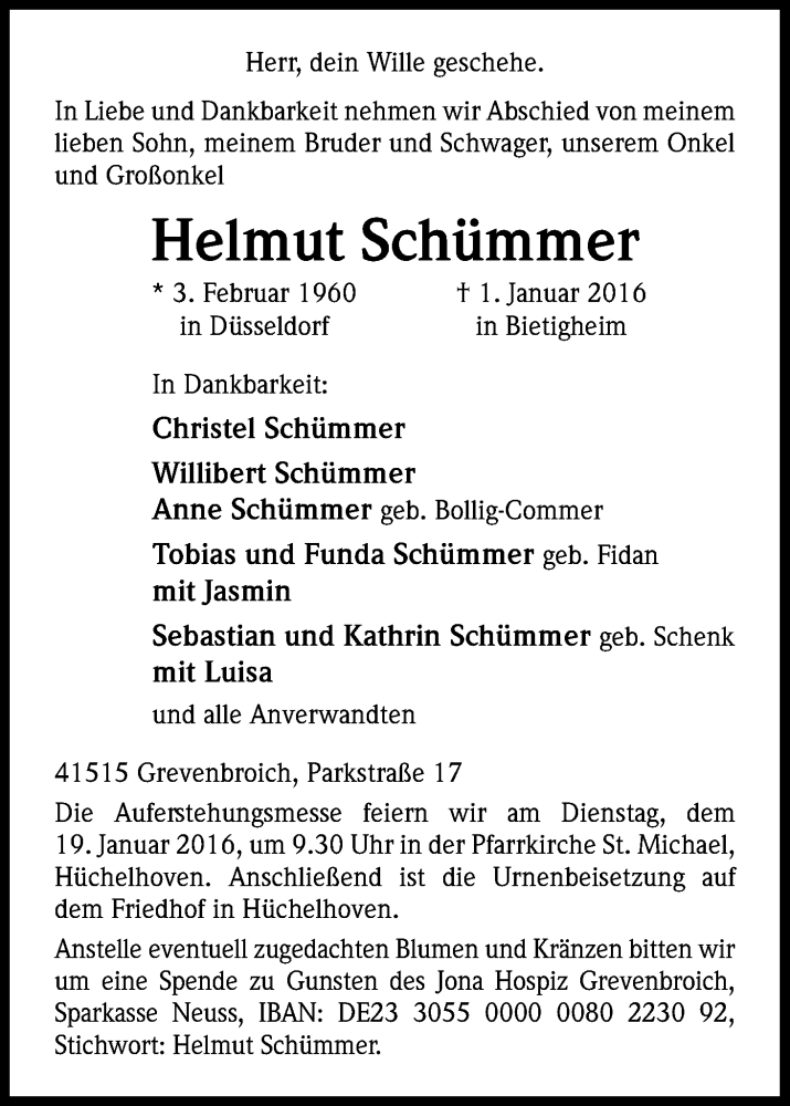  Traueranzeige für Helmut Schümmer vom 16.01.2016 aus Kölner Stadt-Anzeiger / Kölnische Rundschau / Express