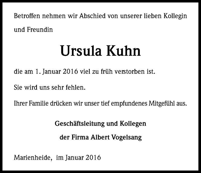  Traueranzeige für Ursula Kuhn vom 07.01.2016 aus Kölner Stadt-Anzeiger / Kölnische Rundschau / Express