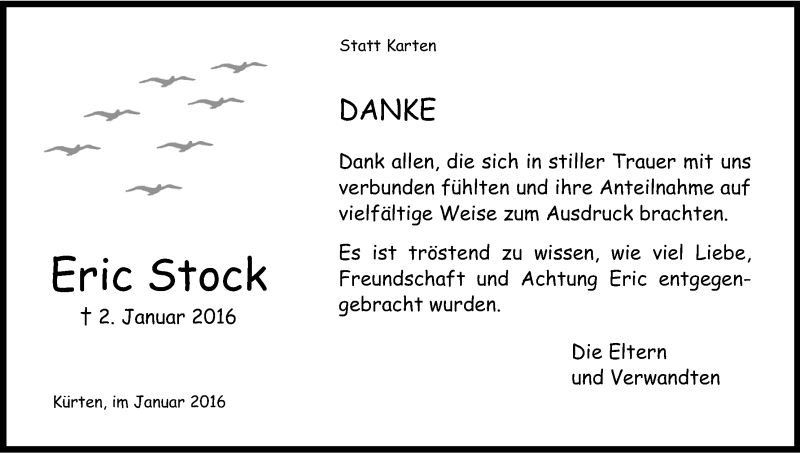  Traueranzeige für Eric Stock vom 20.01.2016 aus Kölner Stadt-Anzeiger / Kölnische Rundschau / Express