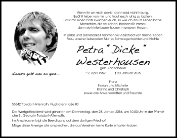 Anzeige von Petra Westerhausen von Kölner Stadt-Anzeiger / Kölnische Rundschau / Express