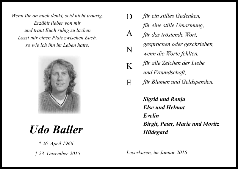  Traueranzeige für Udo Baller vom 30.01.2016 aus Kölner Stadt-Anzeiger / Kölnische Rundschau / Express