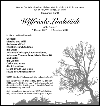 Anzeige von Wilfriede Lindstädt von Kölner Stadt-Anzeiger / Kölnische Rundschau / Express