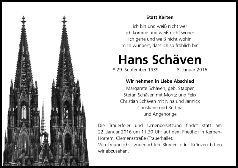  Traueranzeige für Hans Schäven vom 16.01.2016 aus Kölner Stadt-Anzeiger / Kölnische Rundschau / Express
