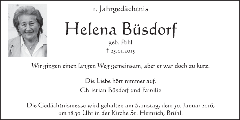  Traueranzeige für Helena Büsdorf vom 20.01.2016 aus  Schlossbote/Werbekurier 