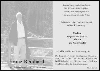 Anzeige von Franz Reinhard von Kölner Stadt-Anzeiger / Kölnische Rundschau / Express