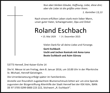 Anzeige von Roland Eschbach von Kölner Stadt-Anzeiger / Kölnische Rundschau / Express