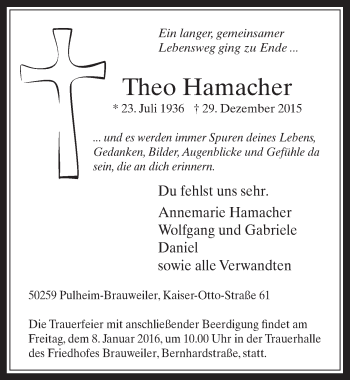 Anzeige von Theo Hamacher von  Wochenende 