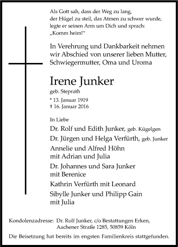 Anzeige von Irene Junker von Kölner Stadt-Anzeiger / Kölnische Rundschau / Express