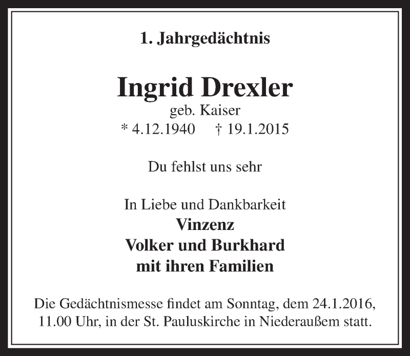  Traueranzeige für Ingrid Drexler vom 20.01.2016 aus  Werbepost 