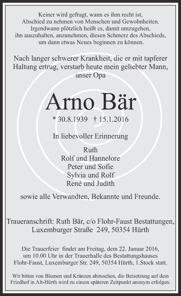  Traueranzeige für Arno Bär vom 20.01.2016 aus  Wochenende 