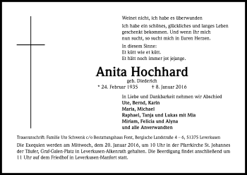 Anzeige von Anita Hochhard von Kölner Stadt-Anzeiger / Kölnische Rundschau / Express