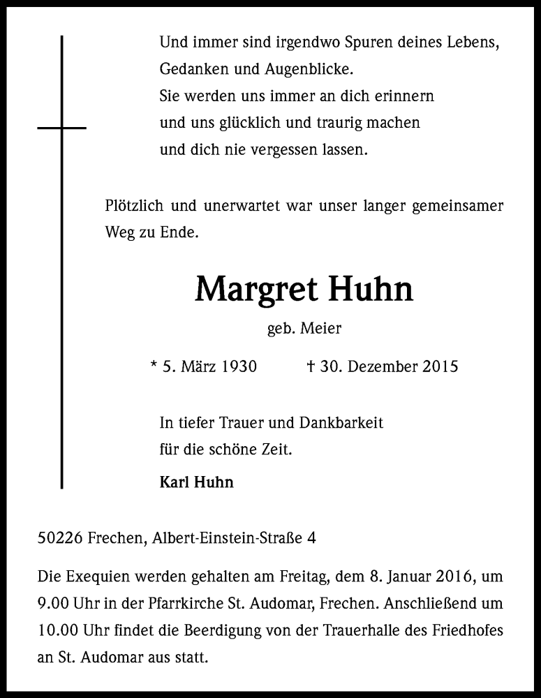  Traueranzeige für Margret Huhn vom 05.01.2016 aus Kölner Stadt-Anzeiger / Kölnische Rundschau / Express