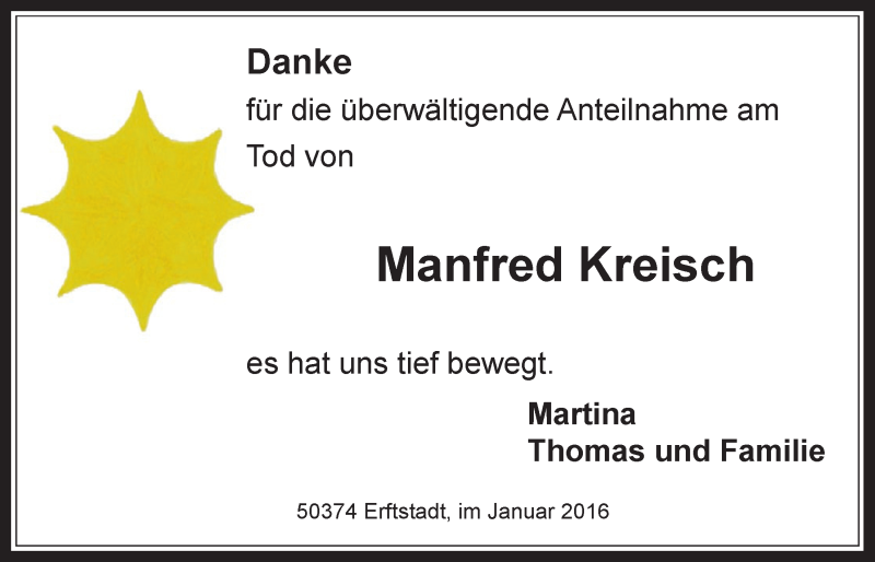  Traueranzeige für Manfred Kreisch vom 06.01.2016 aus  Werbepost 