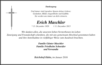 Anzeige von Erich Maschler von Kölner Stadt-Anzeiger / Kölnische Rundschau / Express