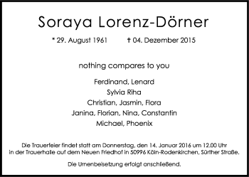 Anzeige von Soraya Lorenz-Dörner von Kölner Stadt-Anzeiger / Kölnische Rundschau / Express