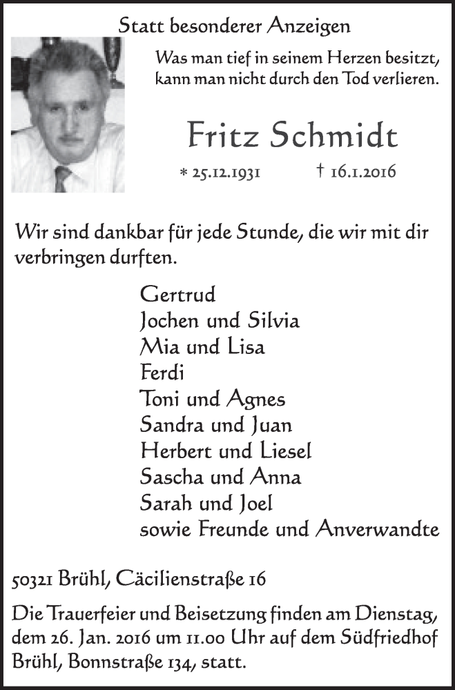  Traueranzeige für Fritz Schmidt vom 20.01.2016 aus  Schlossbote/Werbekurier 