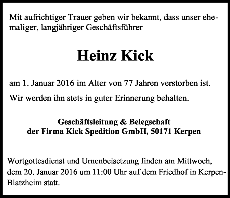  Traueranzeige für Heinz Kick vom 16.01.2016 aus Kölner Stadt-Anzeiger / Kölnische Rundschau / Express