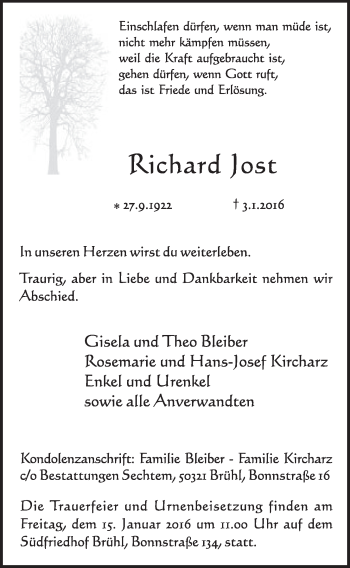 Anzeige von Richard Jost von  Schlossbote/Werbekurier 