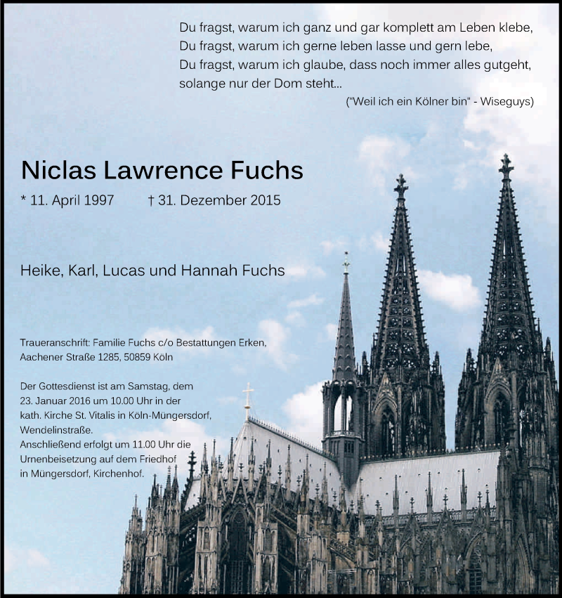  Traueranzeige für Niclas Lawrence Fuchs vom 16.01.2016 aus Kölner Stadt-Anzeiger / Kölnische Rundschau / Express