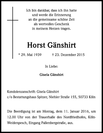 Anzeige von Horst Gänshirt von Kölner Stadt-Anzeiger / Kölnische Rundschau / Express