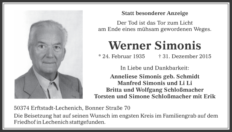  Traueranzeige für Werner Simonis vom 13.01.2016 aus  Werbepost 