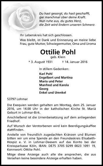 Anzeige von Ottlilie Pohl von Kölner Stadt-Anzeiger / Kölnische Rundschau / Express