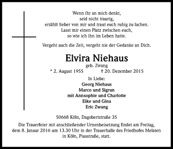 Anzeige von Elvira Niehaus von Kölner Stadt-Anzeiger / Kölnische Rundschau / Express