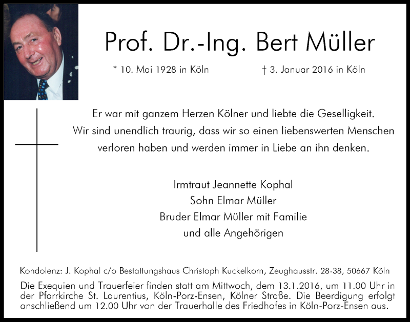  Traueranzeige für Bert Müller vom 09.01.2016 aus 