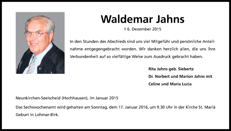  Traueranzeige für Waldemar Jahns vom 02.01.2016 aus Kölner Stadt-Anzeiger / Kölnische Rundschau / Express
