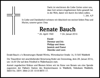 Anzeige von Renate Bauch von Kölner Stadt-Anzeiger / Kölnische Rundschau / Express