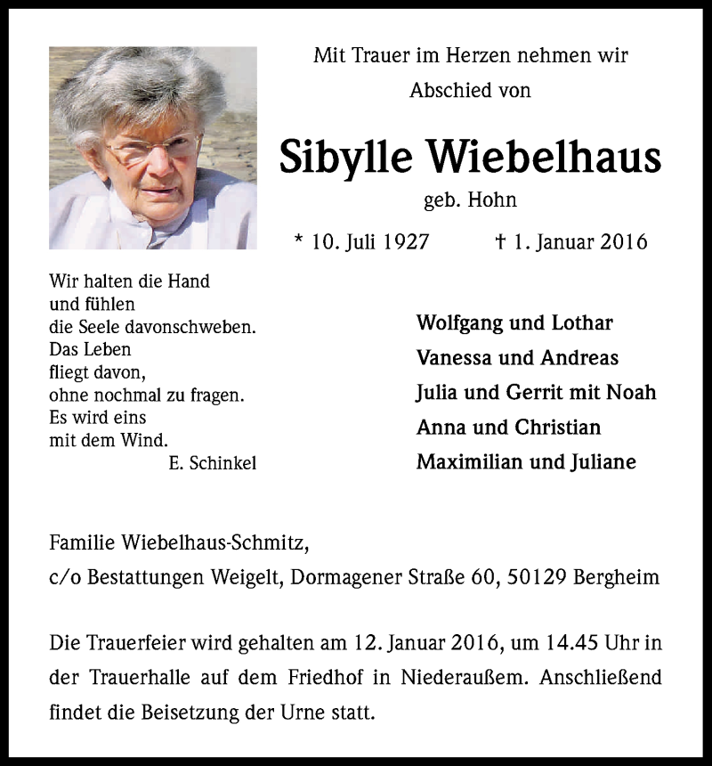  Traueranzeige für Sibylle Wiebelhaus vom 09.01.2016 aus Kölner Stadt-Anzeiger / Kölnische Rundschau / Express