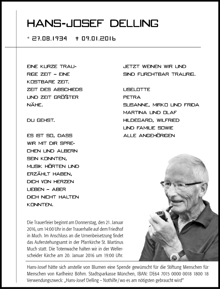  Traueranzeige für Hans-Josef Delling vom 16.01.2016 aus Kölner Stadt-Anzeiger / Kölnische Rundschau / Express
