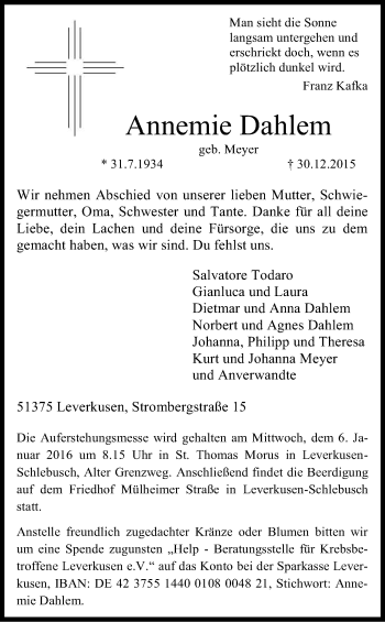 Anzeige von Annemie Dahlem von Kölner Stadt-Anzeiger / Kölnische Rundschau / Express