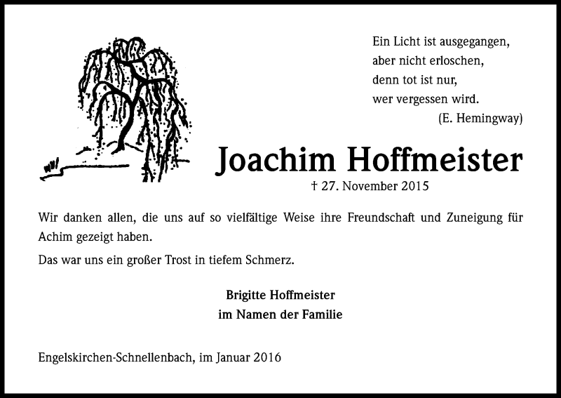  Traueranzeige für Joachim Hoffmeister vom 08.01.2016 aus Kölner Stadt-Anzeiger / Kölnische Rundschau / Express