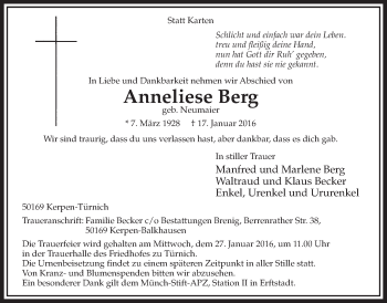 Anzeige von Anneliese Berg von  Sonntags-Post 
