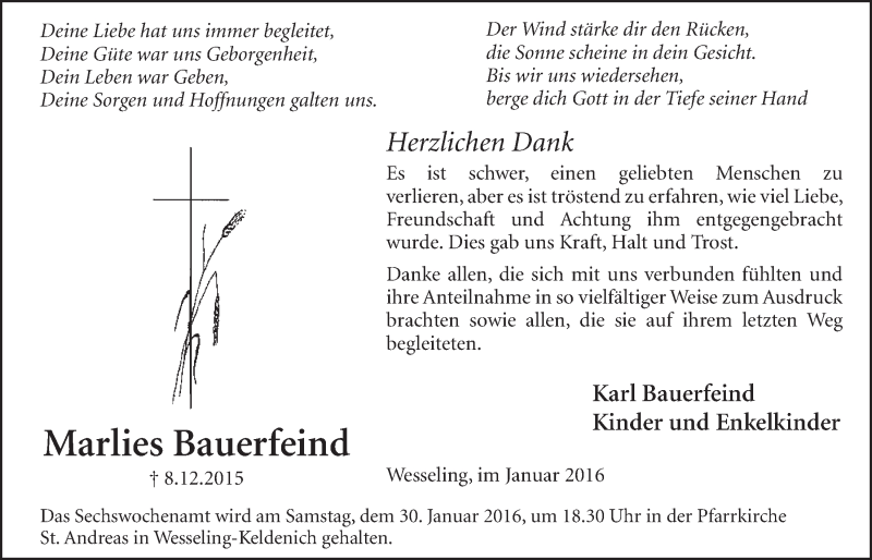  Traueranzeige für Marlies Bauerfeind vom 27.01.2016 aus  Schlossbote/Werbekurier 