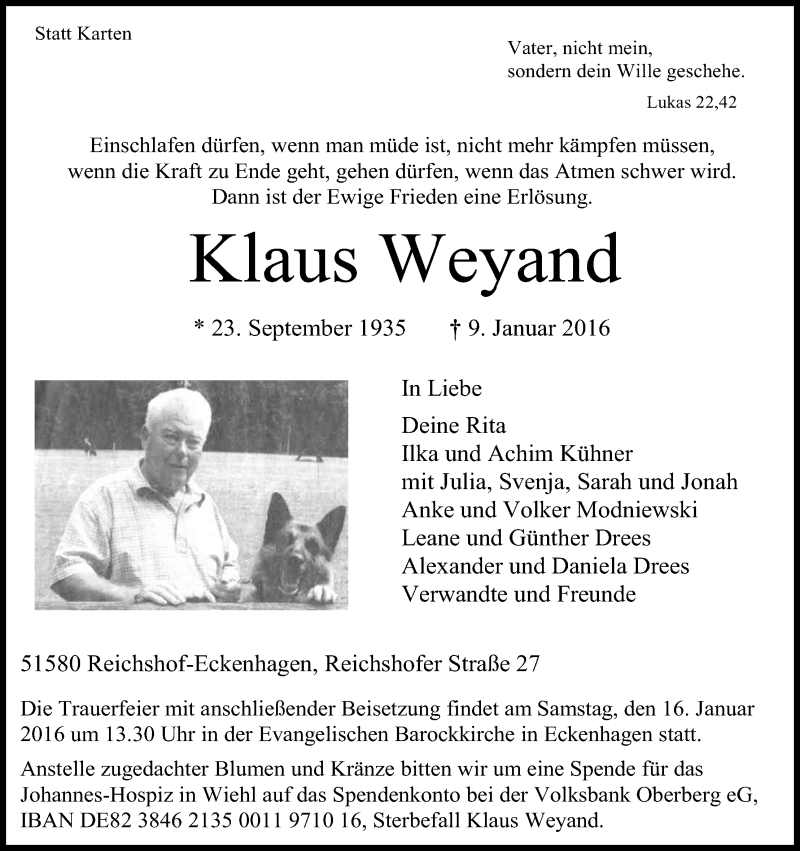  Traueranzeige für Klaus Weyand vom 13.01.2016 aus Kölner Stadt-Anzeiger / Kölnische Rundschau / Express