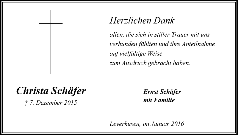  Traueranzeige für Christa Schäfer vom 18.01.2016 aus Kölner Stadt-Anzeiger / Kölnische Rundschau / Express