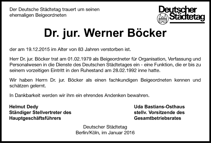  Traueranzeige für Werner Böcker vom 09.01.2016 aus Kölner Stadt-Anzeiger / Kölnische Rundschau / Express